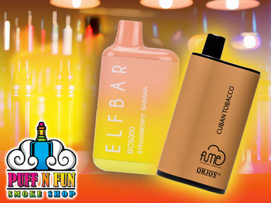 image of a sleek display of colorful disposable vapes from popular brands like Elf Bar and FUME, with soft lighting and a modern smoke shop background